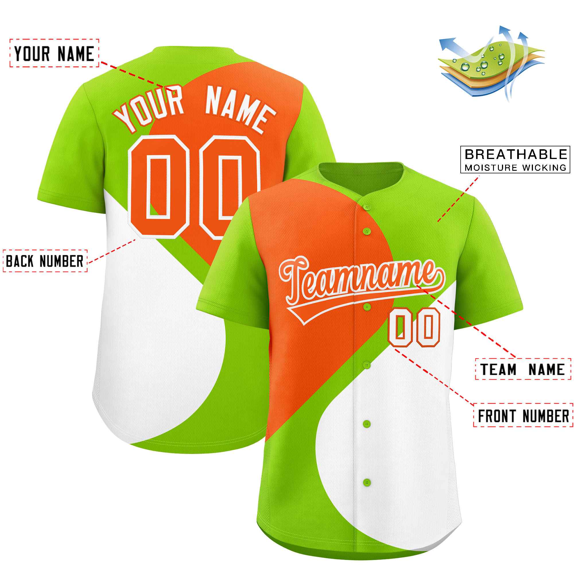 Custom Neon Green Orange-White Color Block Personalized Half Heart Pattern Authentic Baseball Jersey| KXKSHOP