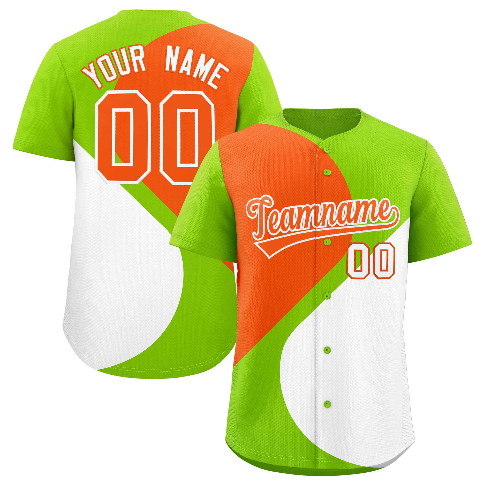 Custom Neon Green Orange-White Color Block Personalized Half Heart Pattern Authentic Baseball Jersey| KXKSHOP