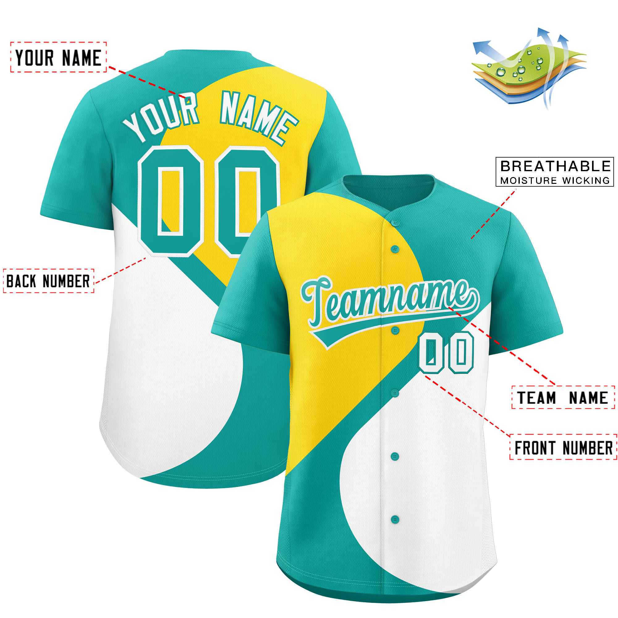 Custom Aqua Gold-White Color Block Personalized Half Heart Pattern Authentic Baseball Jersey| KXKSHOP