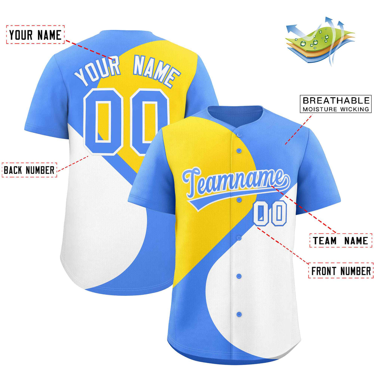 Custom Powder Blue Gold-White Color Block Personalized Half Heart Pattern Authentic Baseball Jersey| KXKSHOP