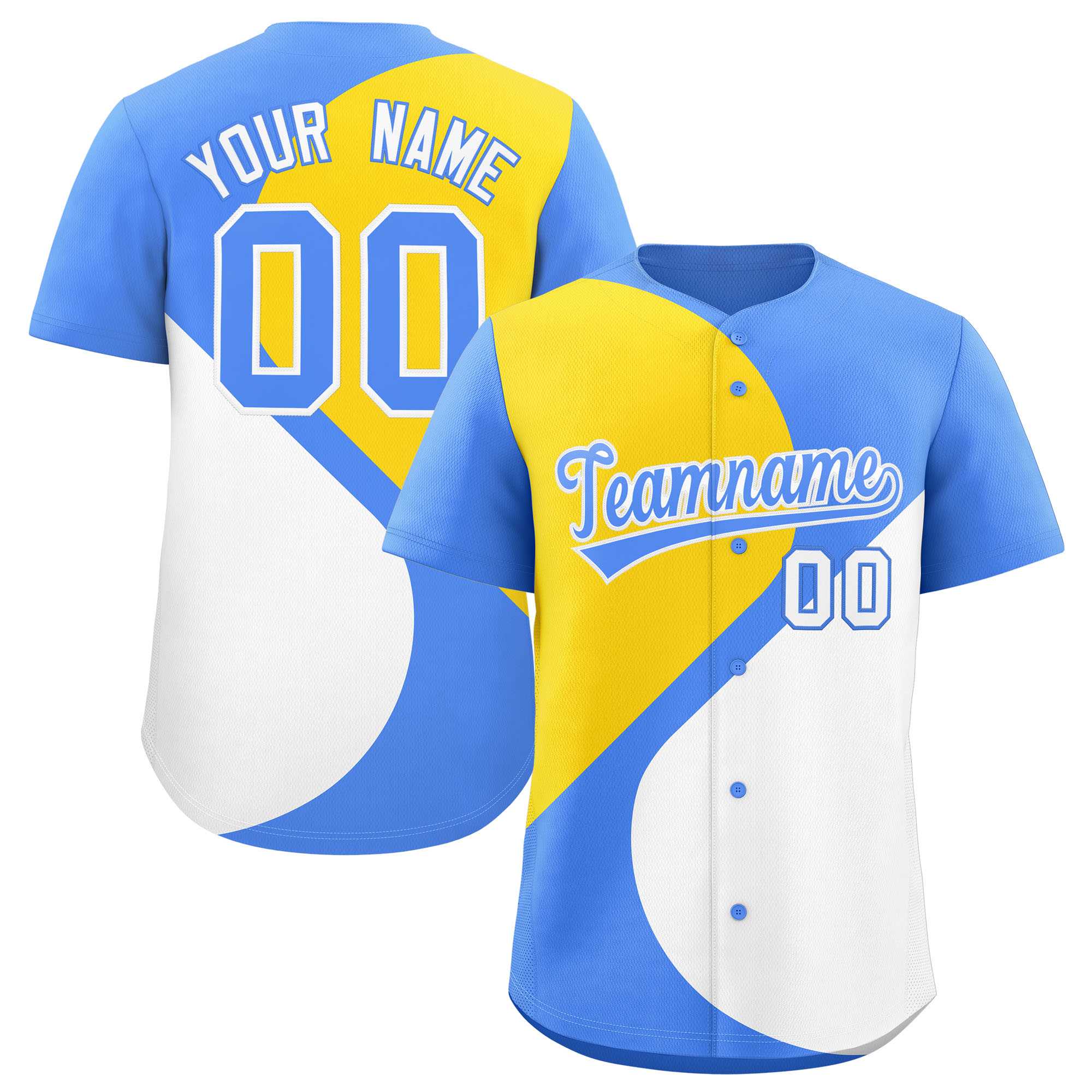 Custom Powder Blue Gold-White Color Block Personalized Half Heart Pattern Authentic Baseball Jersey| KXKSHOP