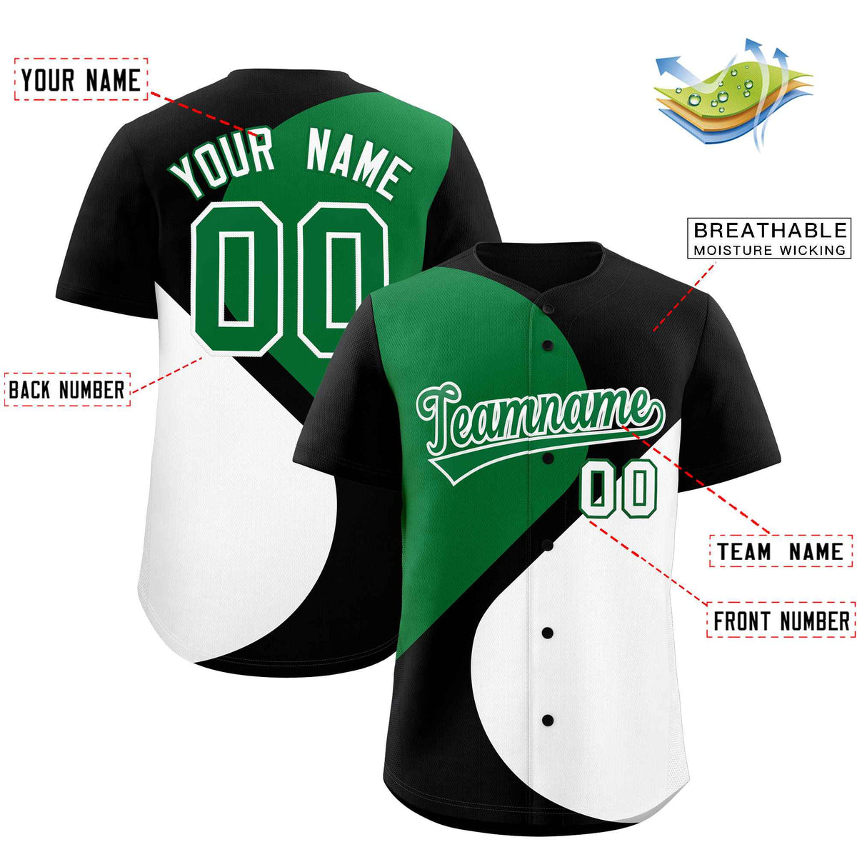 Custom Black Kelly Green-White Color Block Personalized Half Heart Pattern Authentic Baseball Jersey| KXKSHOP