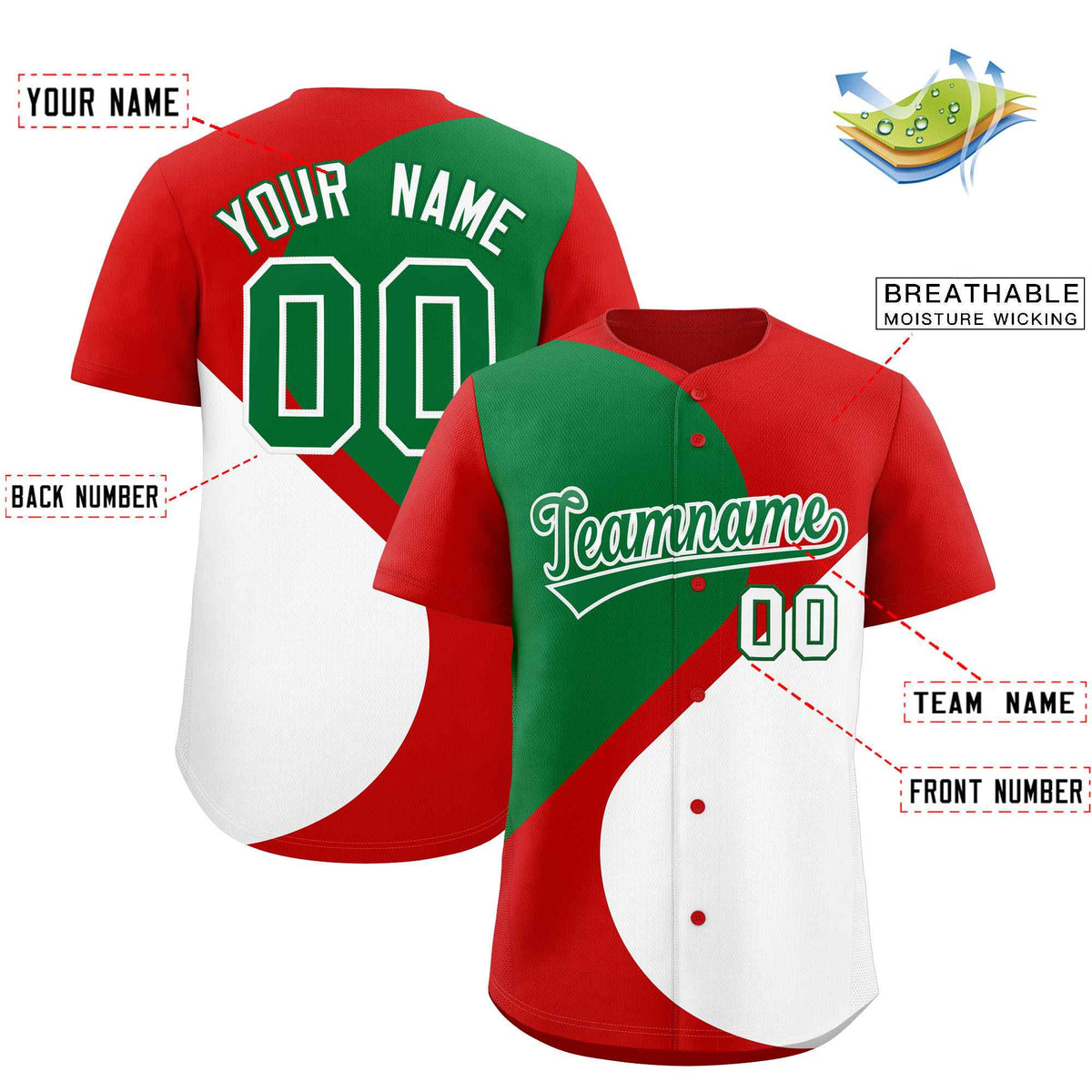 Custom Red Kelly Green-White Color Block Personalized Half Heart Pattern Authentic Baseball Jersey| KXKSHOP
