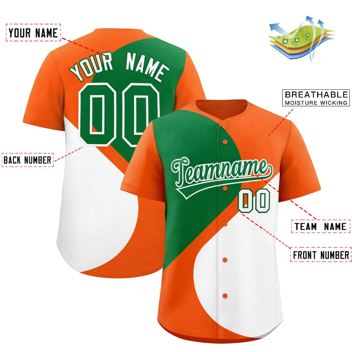 Custom Orange Kelly Green-White Color Block Personalized Half Heart Pattern Authentic Baseball Jersey| KXKSHOP