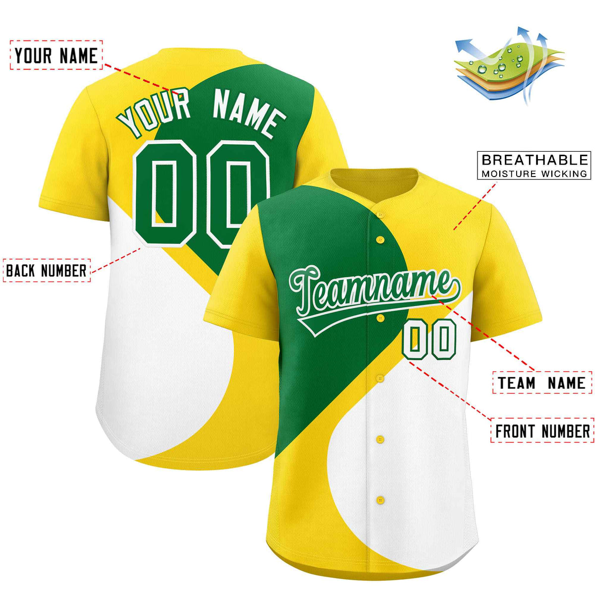 Custom Gold Kelly Green-White Color Block Personalized Half Heart Pattern Authentic Baseball Jersey| KXKSHOP