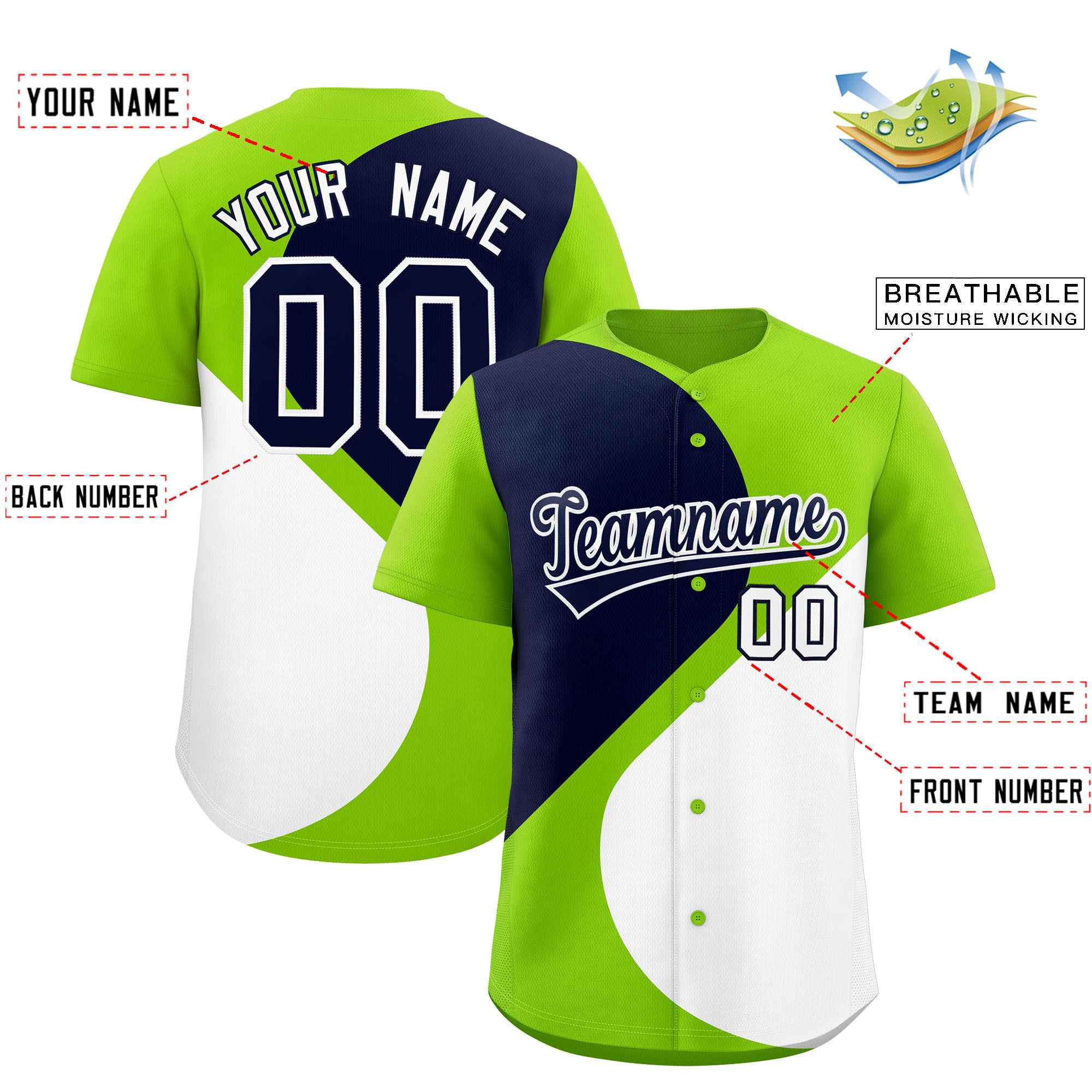 Custom Neon Green Navy-White Color Block Personalized Half Heart Pattern Authentic Baseball Jersey| KXKSHOP