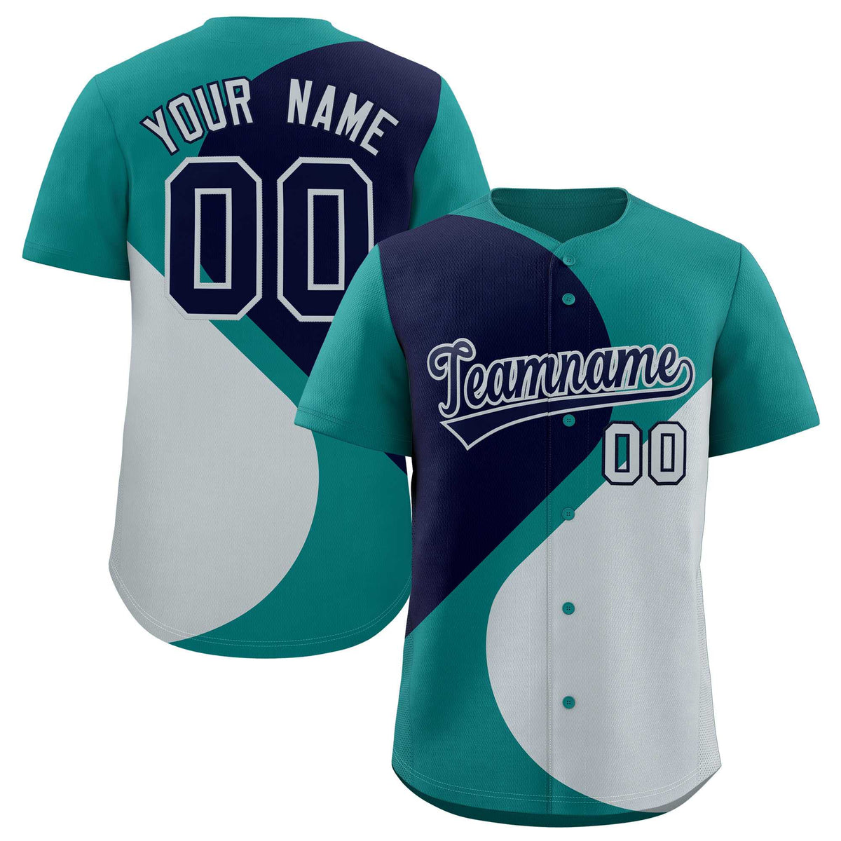 Custom Aqua Navy-Silver Color Block Personalized Half Heart Pattern Authentic Baseball Jersey| KXKSHOP