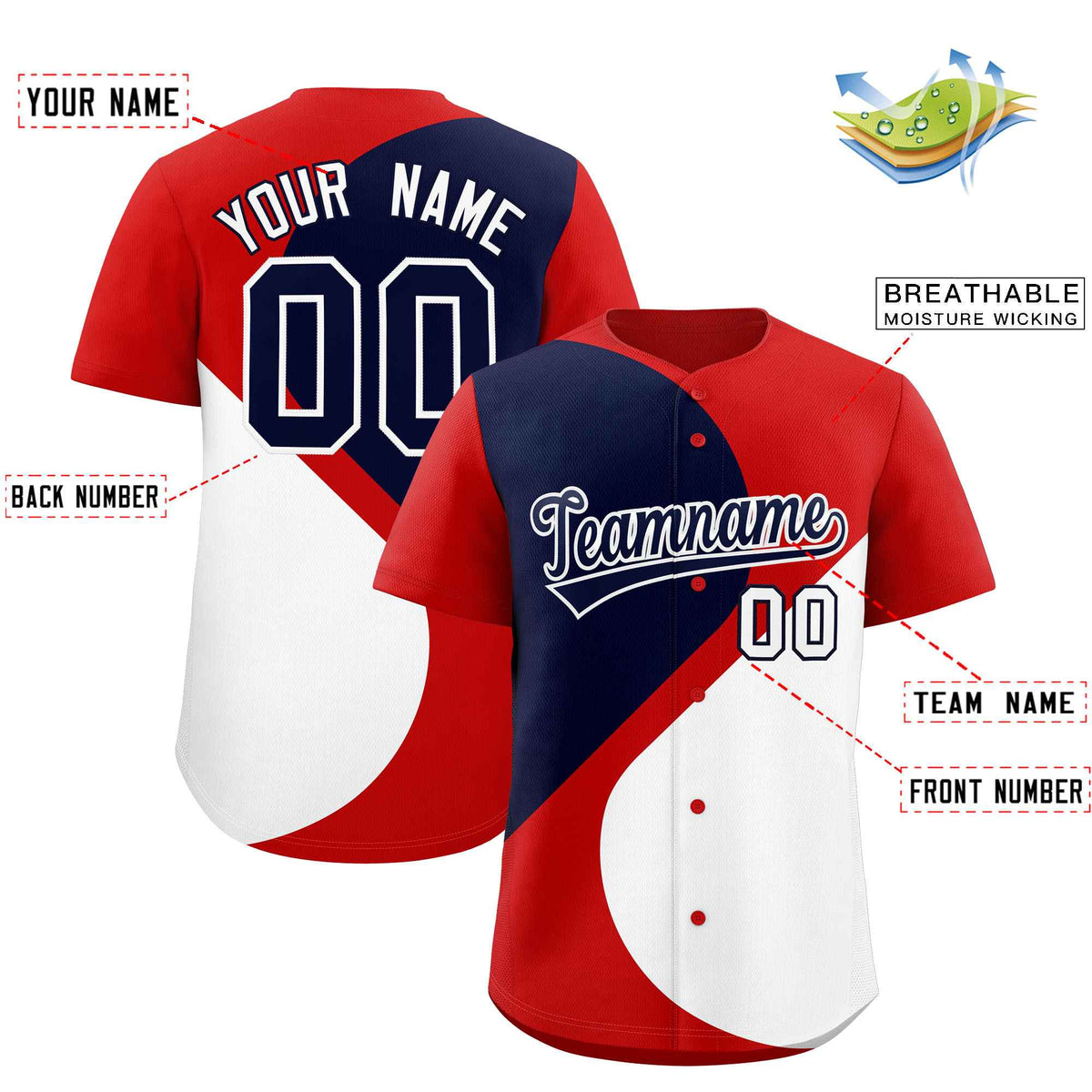Custom Red Navy-White Color Block Personalized Half Heart Pattern Authentic Baseball Jersey| KXKSHOP