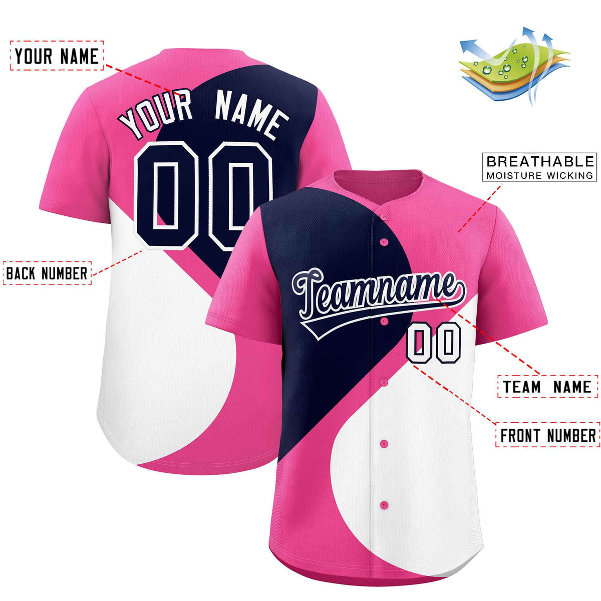 Custom Pink Navy-White Color Block Personalized Half Heart Pattern Authentic Baseball Jersey| KXKSHOP