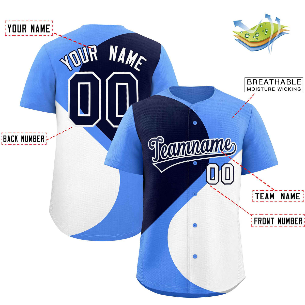 Custom Powder Blue Navy-White Color Block Personalized Half Heart Pattern Authentic Baseball Jersey| KXKSHOP