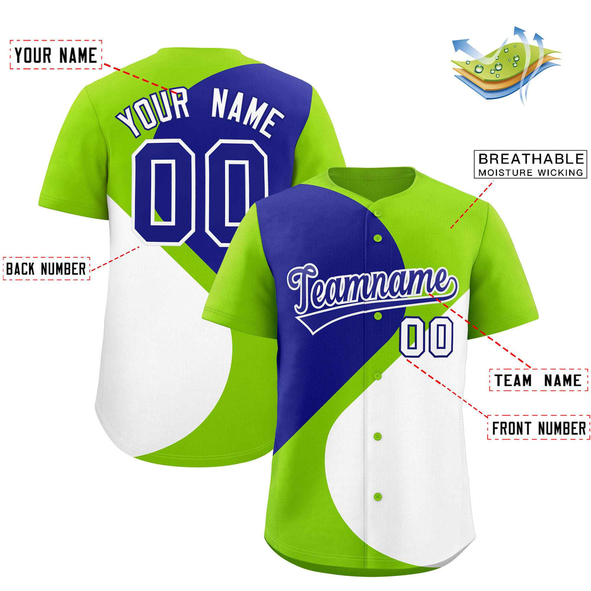 Custom Neon Green Royal-White Color Block Personalized Half Heart Pattern Authentic Baseball Jersey| KXKSHOP