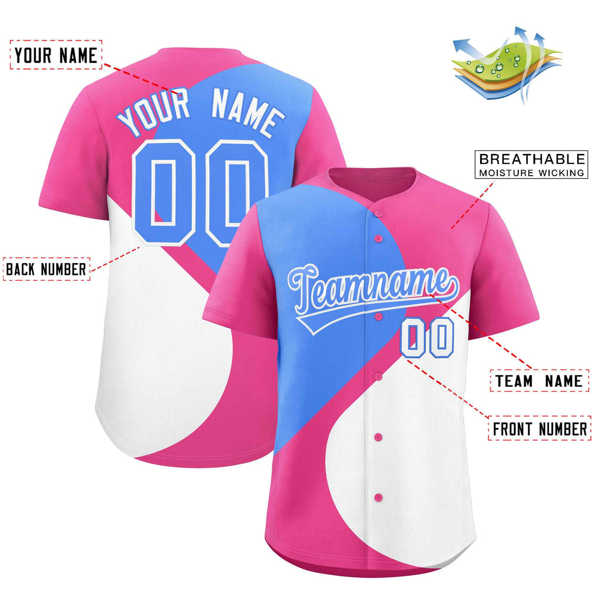 Custom Pink Powder Blue-White Color Block Personalized Half Heart Pattern Authentic Baseball Jersey| KXKSHOP