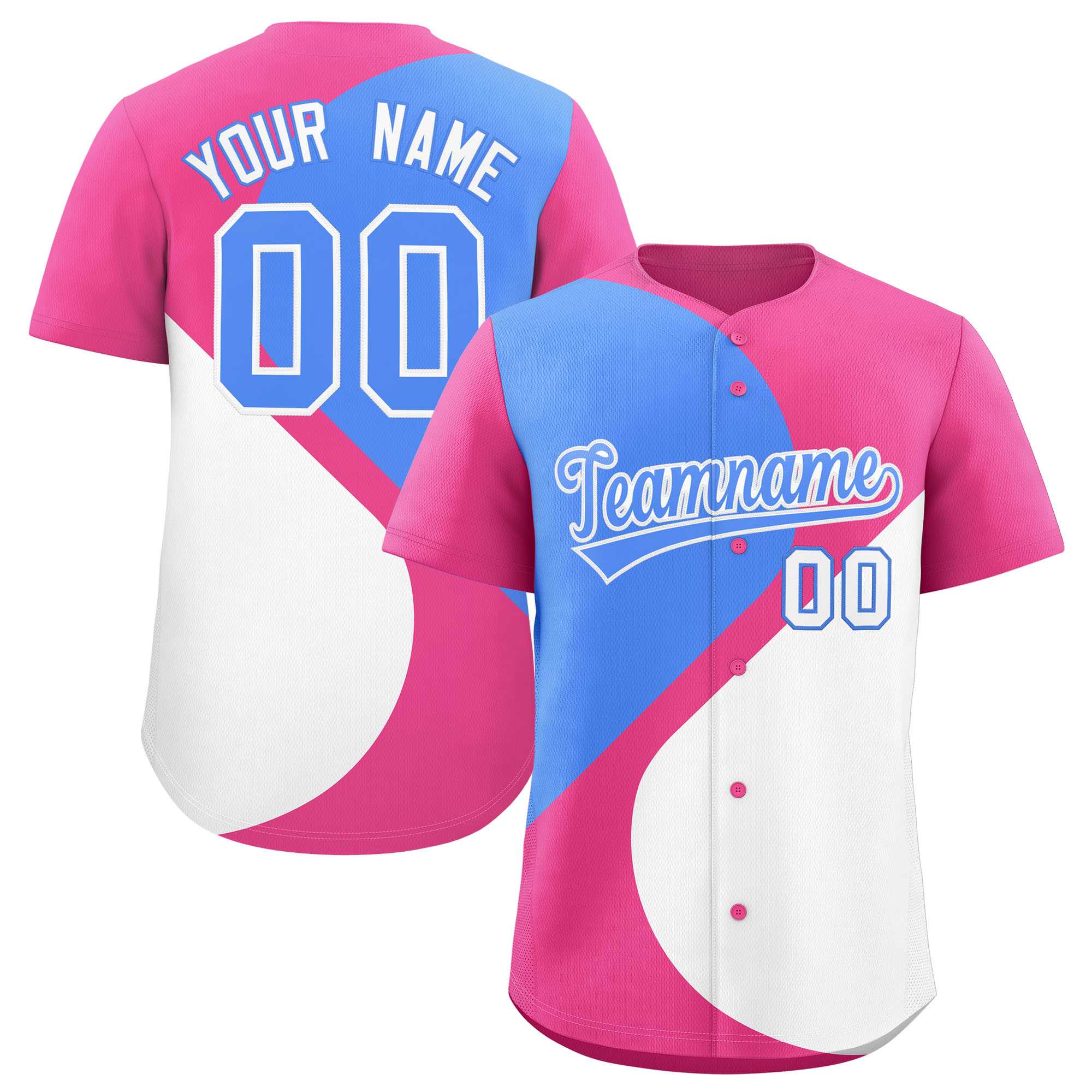 Custom Pink Powder Blue-White Color Block Personalized Half Heart Pattern Authentic Baseball Jersey| KXKSHOP