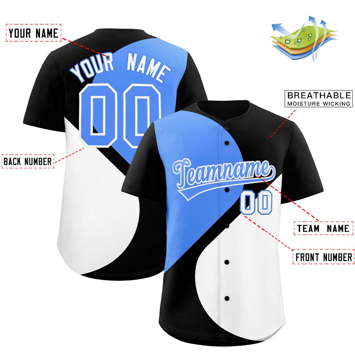 Custom Black Powder Blue-White Color Block Personalized Half Heart Pattern Authentic Baseball Jersey| KXKSHOP