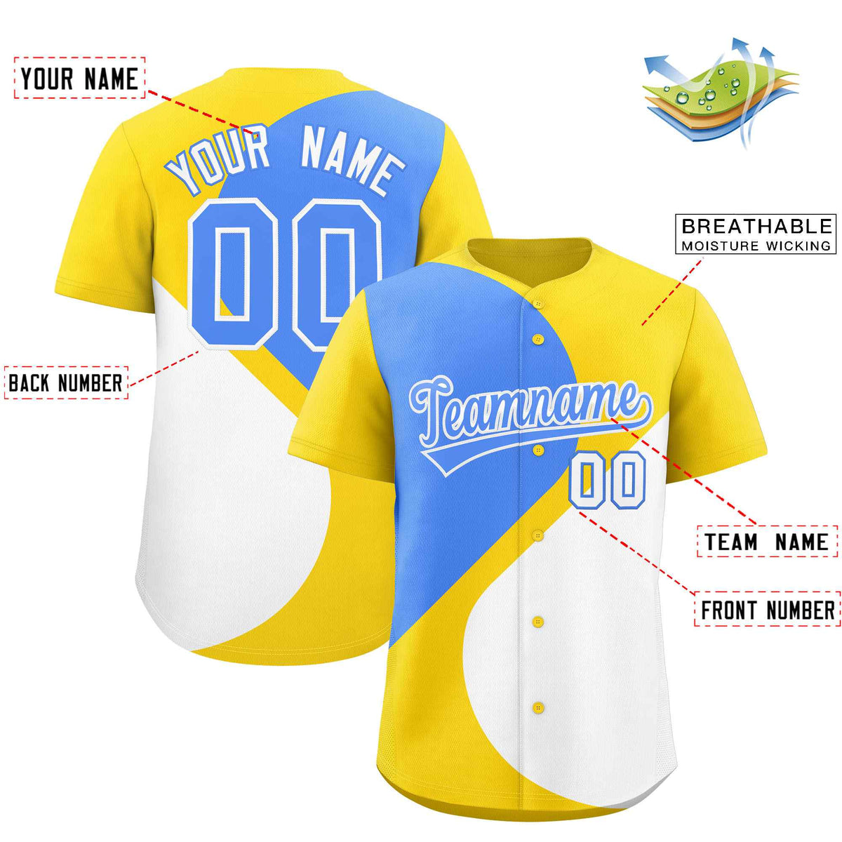 Custom Gold Powder Blue-White Color Block Personalized Half Heart Pattern Authentic Baseball Jersey| KXKSHOP