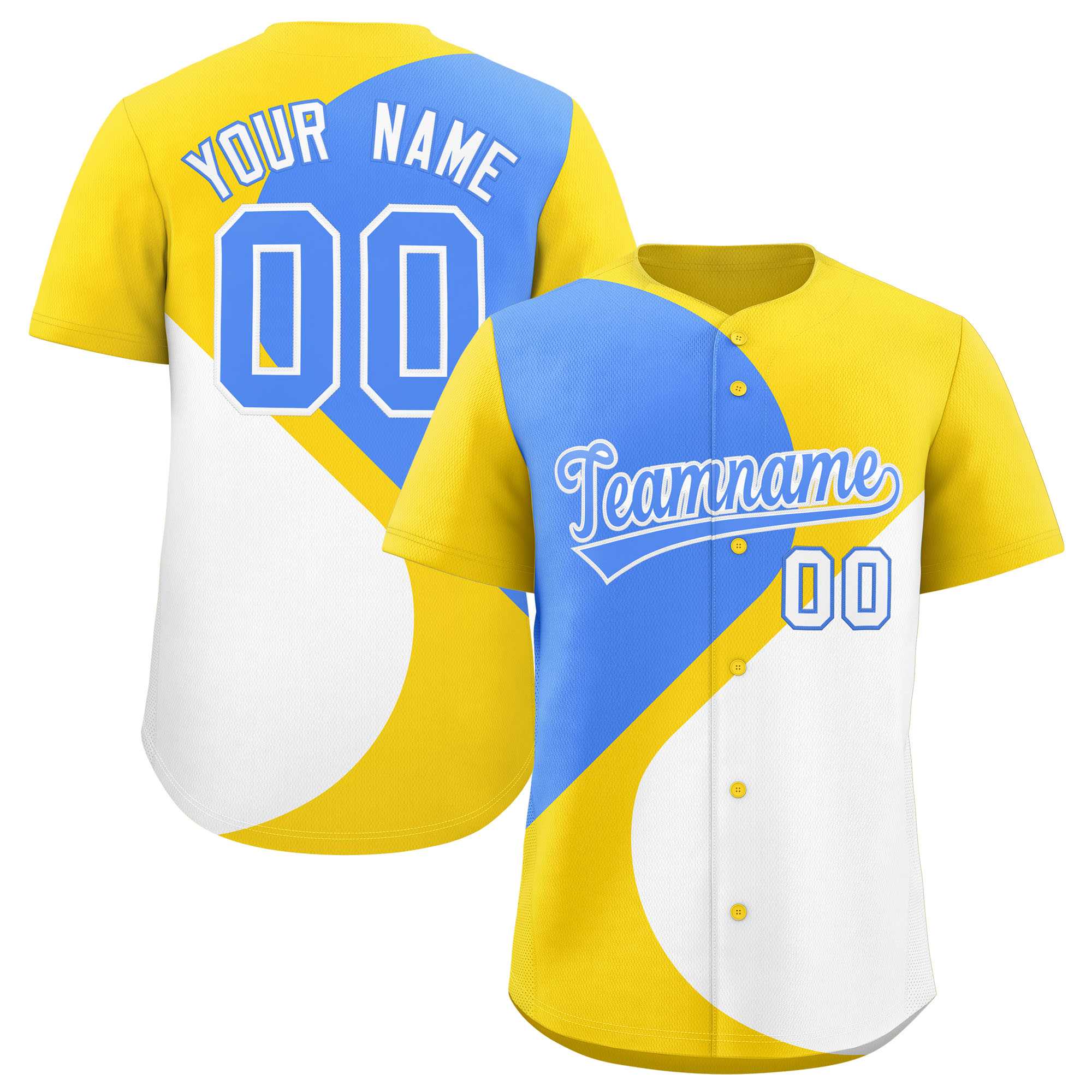 Custom Gold Powder Blue-White Color Block Personalized Half Heart Pattern Authentic Baseball Jersey| KXKSHOP