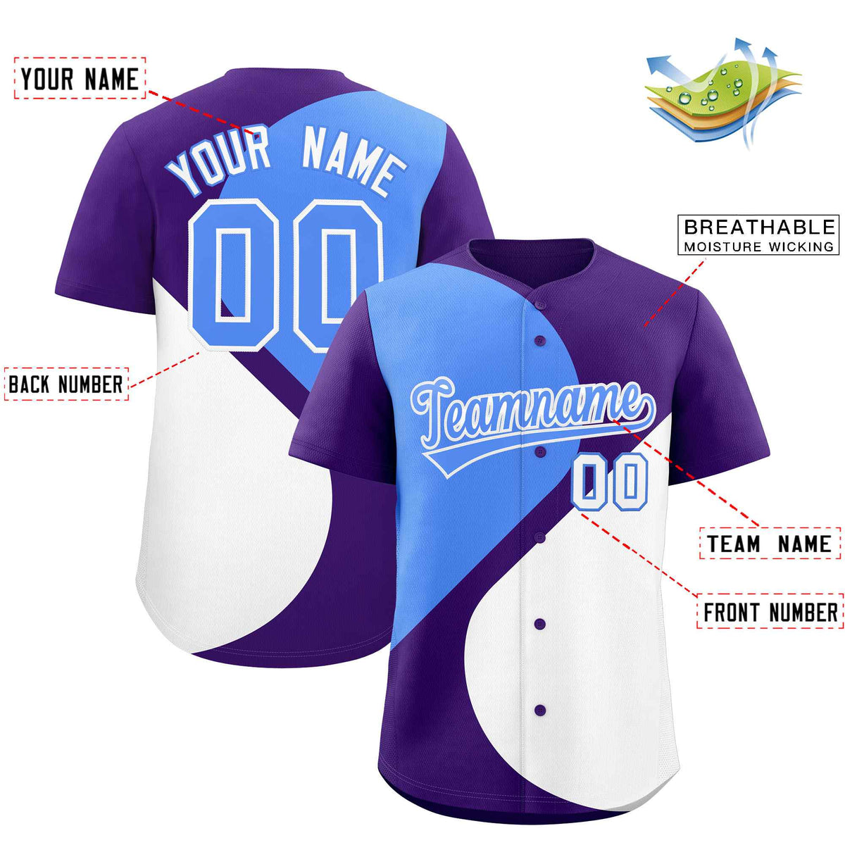 Custom Purple Powder Blue-White Color Block Personalized Half Heart Pattern Authentic Baseball Jersey| KXKSHOP