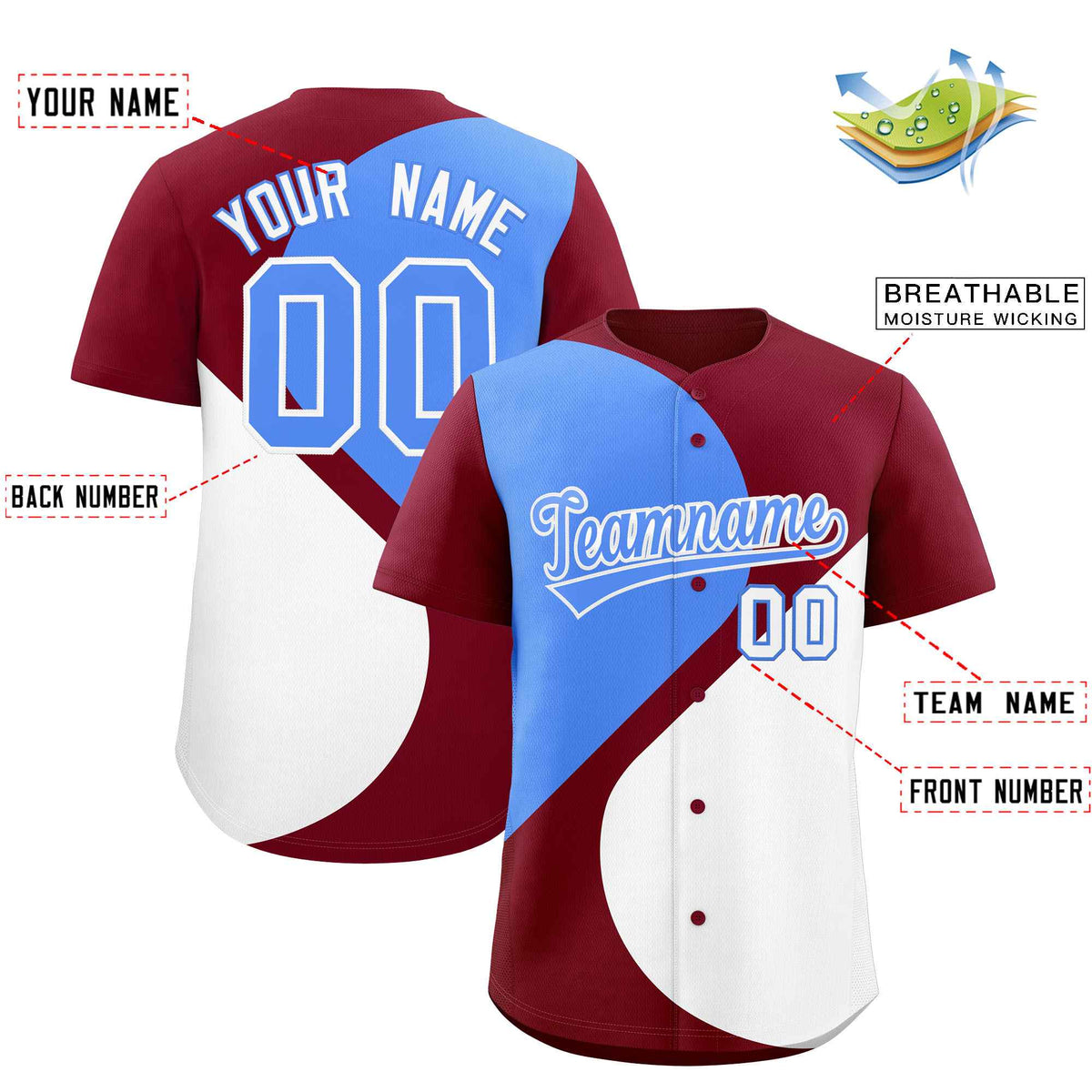 Custom Crimson Powder Blue-White Color Block Personalized Half Heart Pattern Authentic Baseball Jersey| KXKSHOP