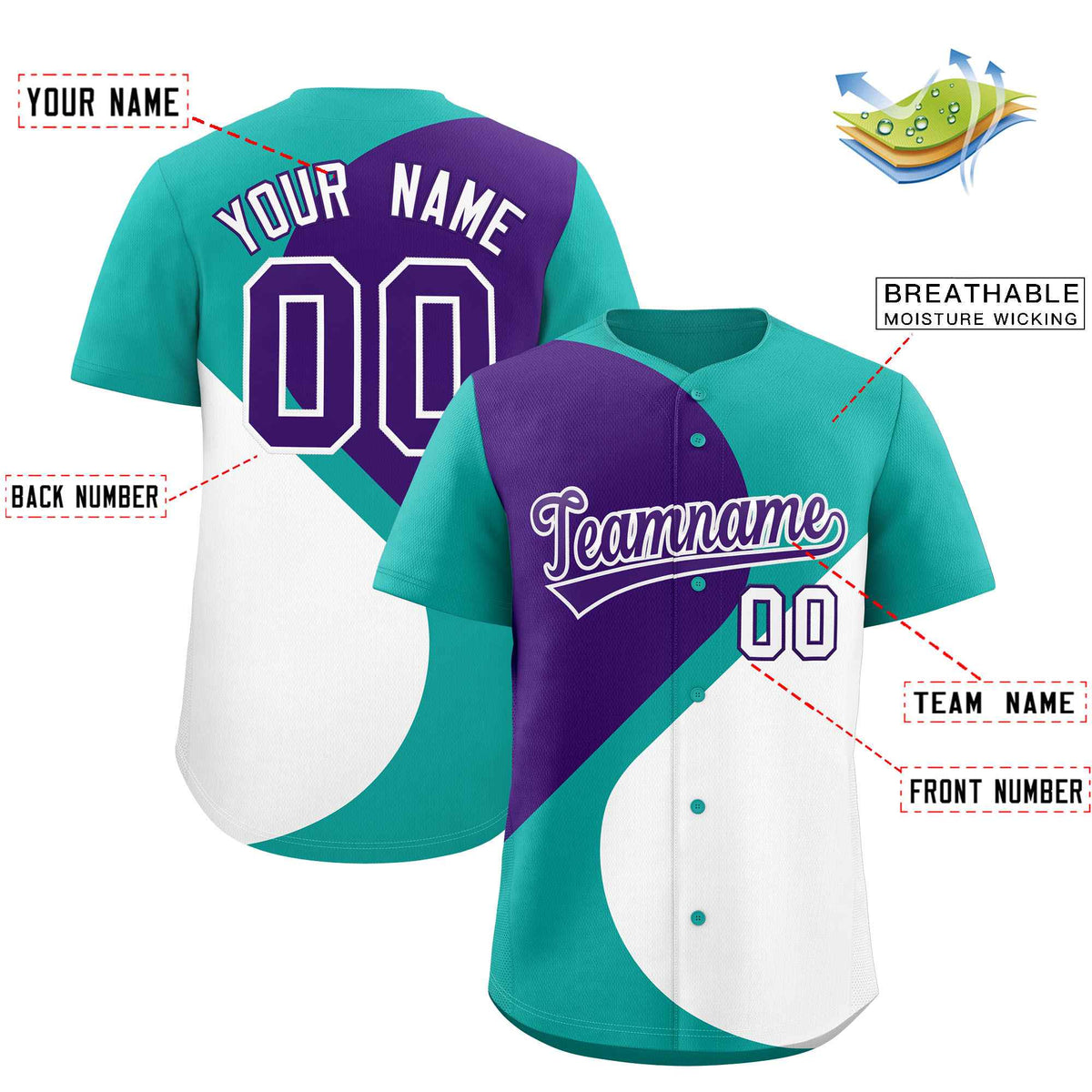 Custom Aqua Purple-White Color Block Personalized Half Heart Pattern Authentic Baseball Jersey| KXKSHOP
