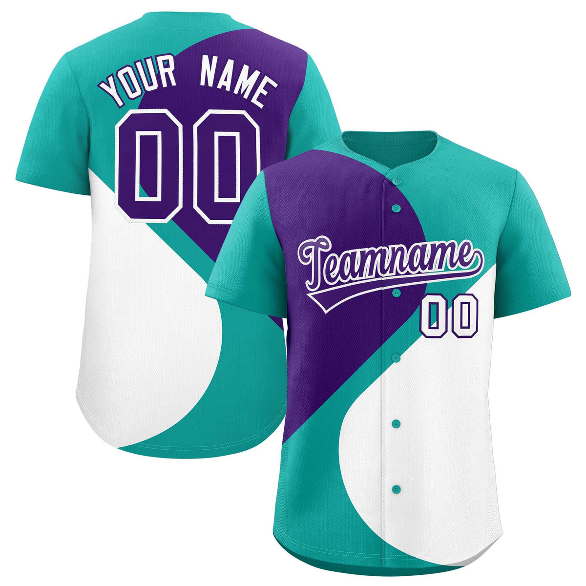 Custom Aqua Purple-White Color Block Personalized Half Heart Pattern Authentic Baseball Jersey| KXKSHOP