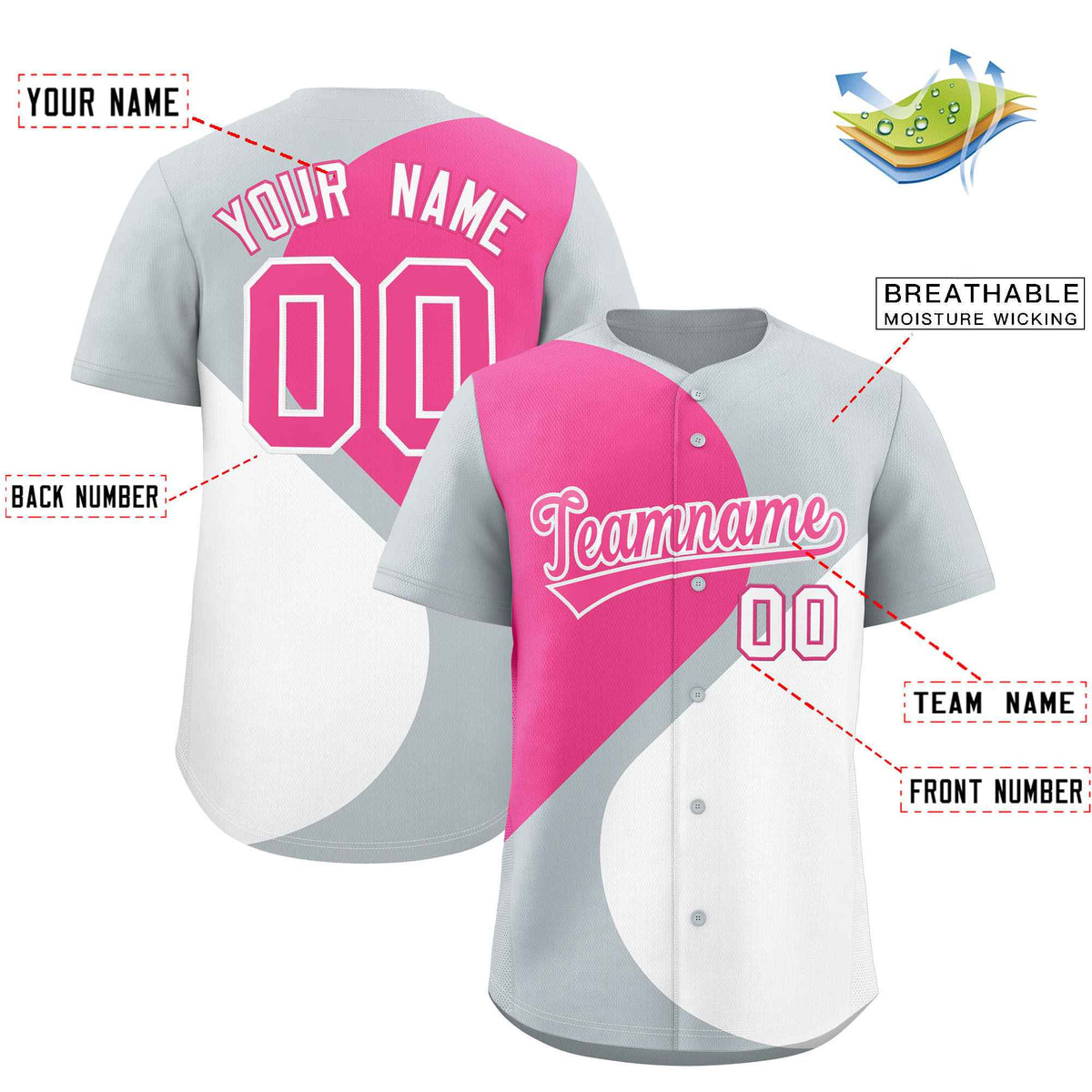 Custom Silver Pink-White Color Block Personalized Half Heart Pattern Authentic Baseball Jersey| KXKSHOP