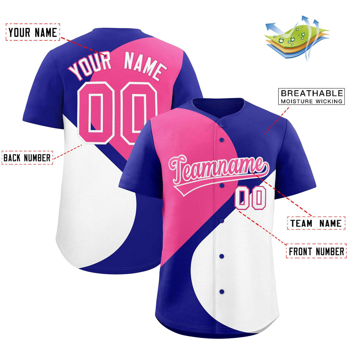 Custom Royal Pink-White Color Block Personalized Half Heart Pattern Authentic Baseball Jersey| KXKSHOP
