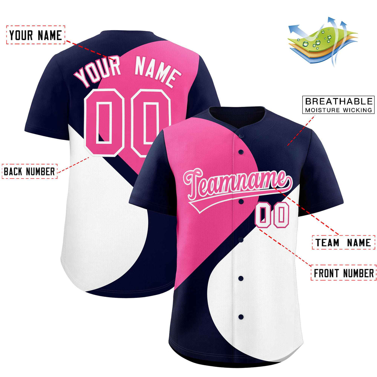 Custom Navy Pink-White Color Block Personalized Half Heart Pattern Authentic Baseball Jersey| KXKSHOP