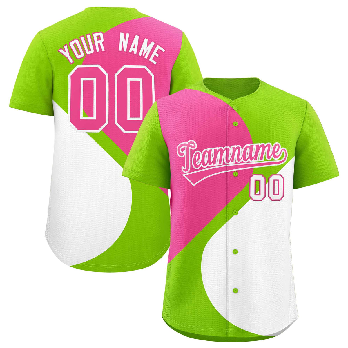 Custom Neon Green Pink-White Color Block Personalized Half Heart Pattern Authentic Baseball Jersey| KXKSHOP
