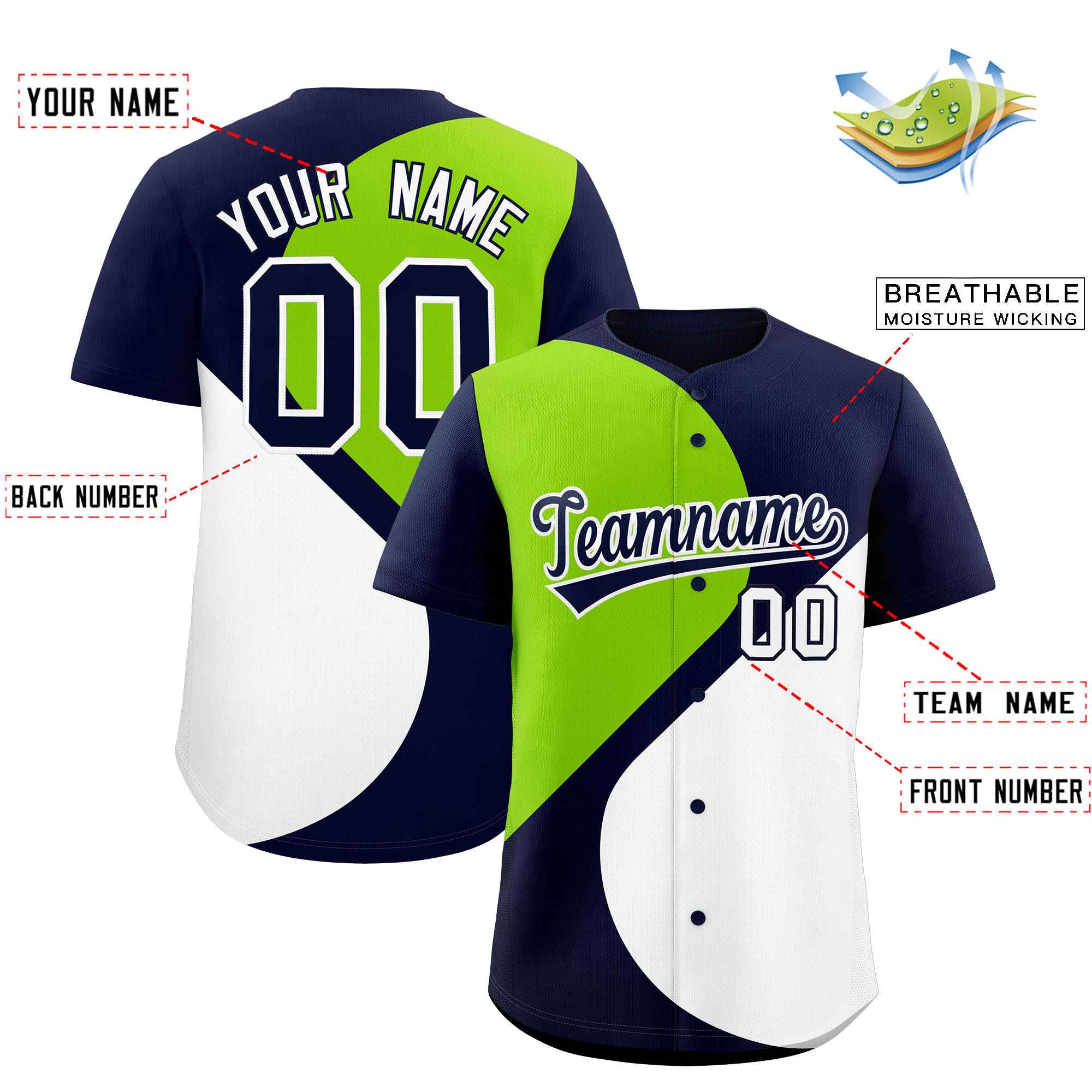 Custom Navy Neon Green-White Color Block Personalized Half Heart Pattern Authentic Baseball Jersey| KXKSHOP