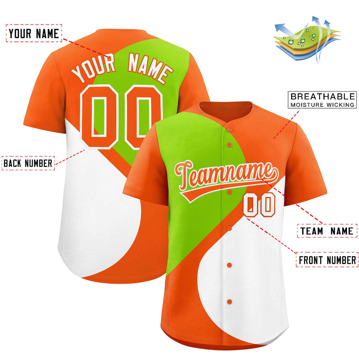 Custom Orange Neon Green-White Color Block Personalized Half Heart Pattern Authentic Baseball Jersey| KXKSHOP