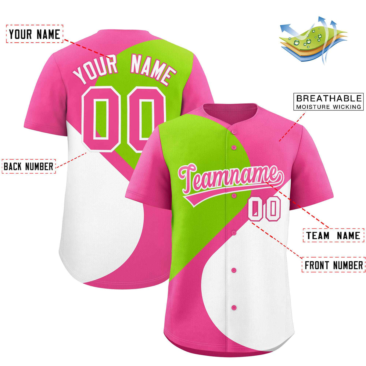 Custom Pink Neon Green-White Color Block Personalized Half Heart Pattern Authentic Baseball Jersey| KXKSHOP