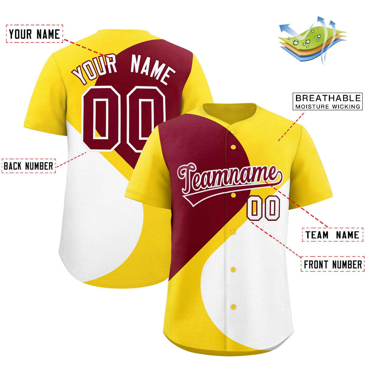 Custom Gold Crimson-White Color Block Personalized Half Heart Pattern Authentic Baseball Jersey| KXKSHOP