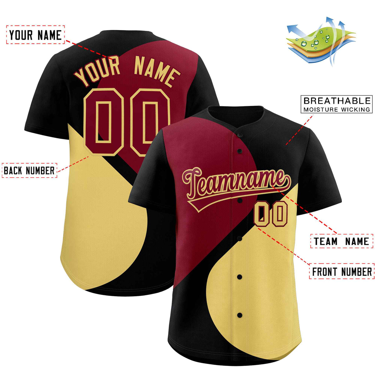 Custom Black Crimson-Khaki Color Block Personalized Half Heart Pattern Authentic Baseball Jersey| KXKSHOP