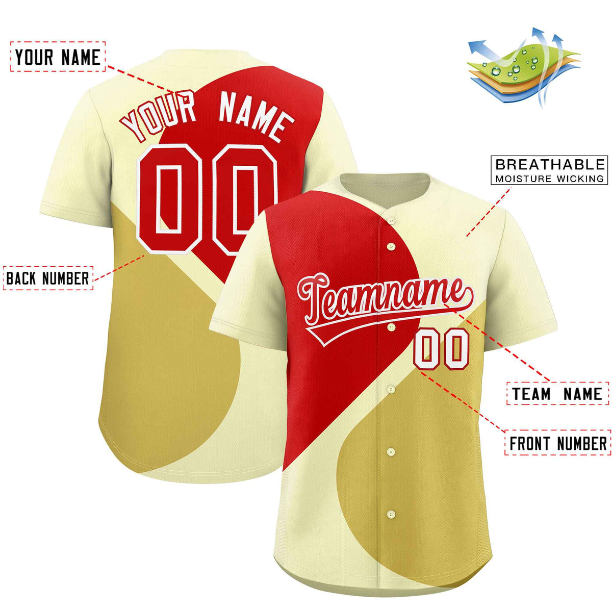 Custom Cream Red-Old Gold Color Block Personalized Half Heart Pattern Authentic Baseball Jersey| KXKSHOP