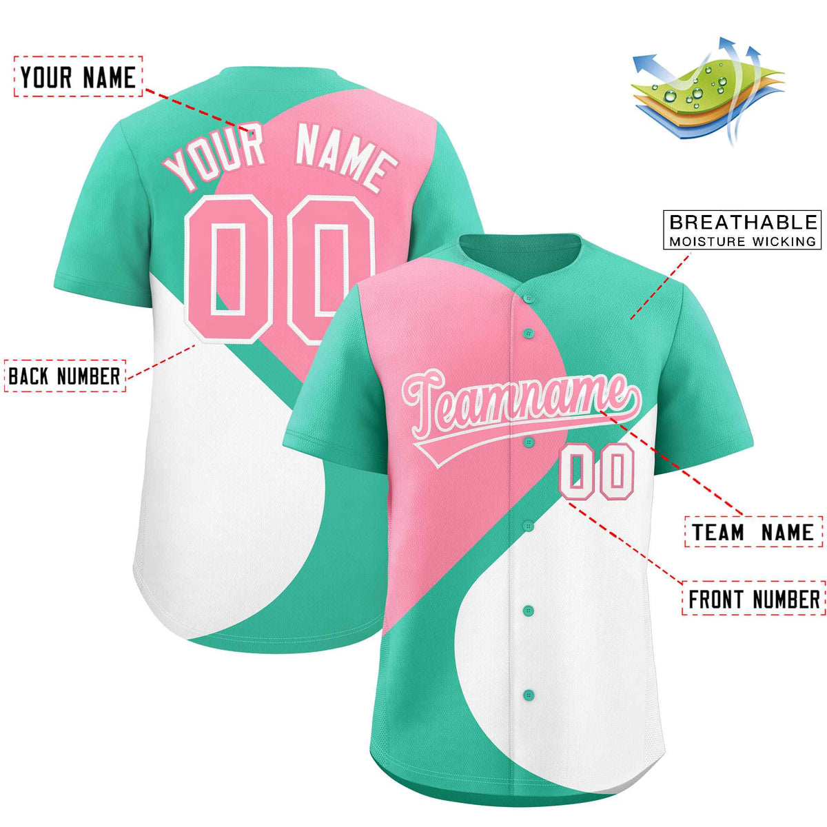 Custom Bright Green Light Pink-White Color Block Personalized Half Heart Pattern Authentic Baseball Jersey| KXKSHOP