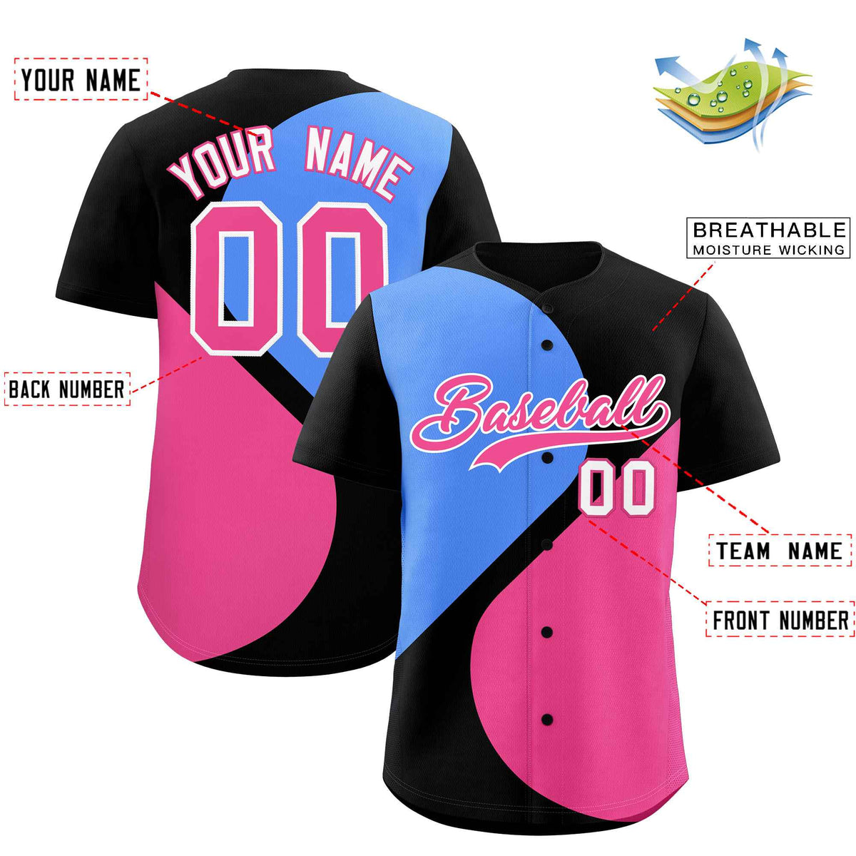 Custom Black Powder Blue-Pink Color Block Personalized Half Heart Pattern Authentic Baseball Jersey| KXKSHOP