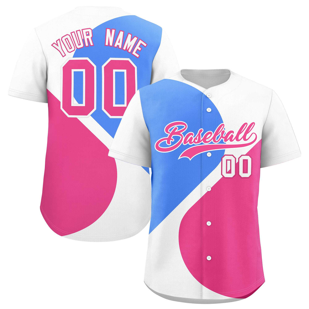 Custom White Powder Blue-Pink Color Block Personalized Half Heart Pattern Authentic Baseball Jersey| KXKSHOP