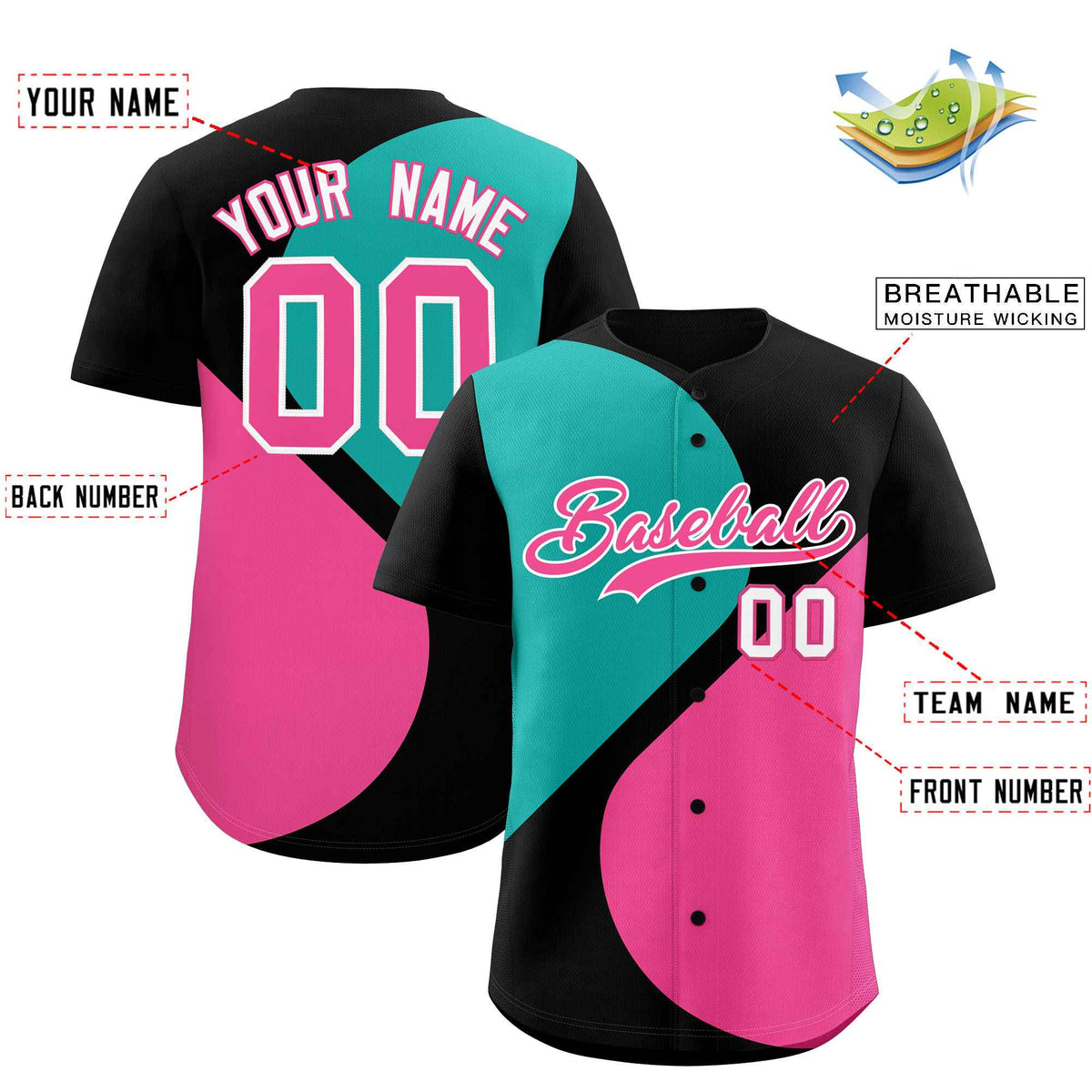 Custom Black Aqua-Pink Color Block Personalized Half Heart Pattern Authentic Baseball Jersey| KXKSHOP