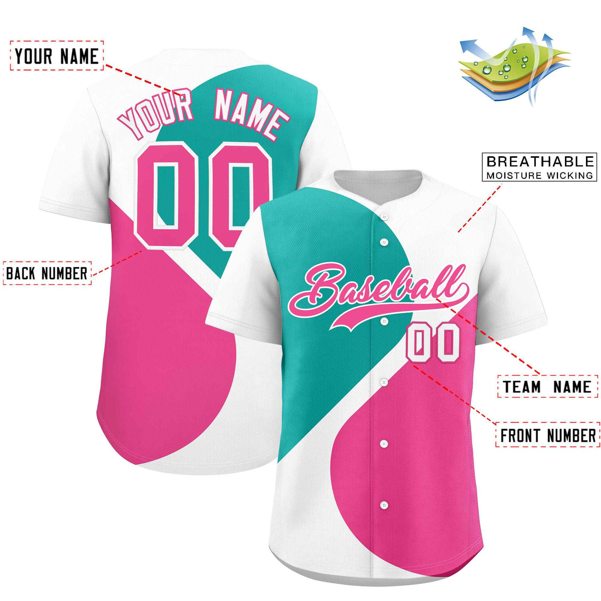 Custom White Aqua-Pink Color Block Personalized Half Heart Pattern Authentic Baseball Jersey| KXKSHOP