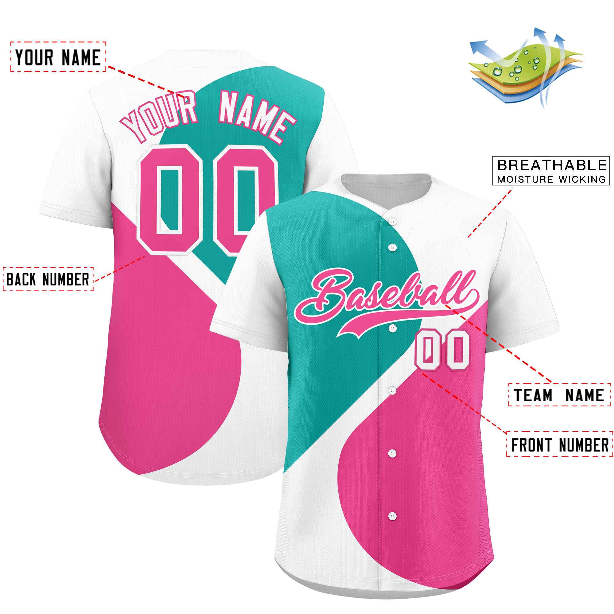 Custom White Aqua-Pink Color Block Personalized Half Heart Pattern Authentic Baseball Jersey| KXKSHOP