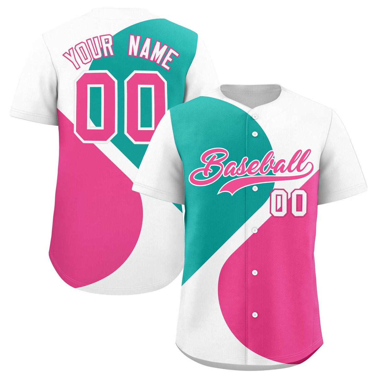 Custom White Aqua-Pink Color Block Personalized Half Heart Pattern Authentic Baseball Jersey| KXKSHOP
