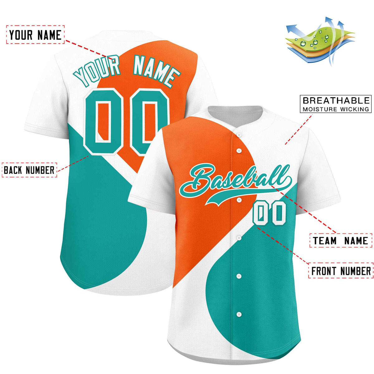 Custom White Orange-Aqua Color Block Personalized Half Heart Pattern Authentic Baseball Jersey| KXKSHOP