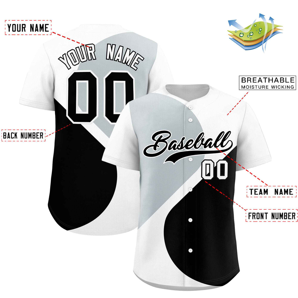 Custom White Silver-Black Color Block Personalized Half Heart Pattern Authentic Baseball Jersey| KXKSHOP