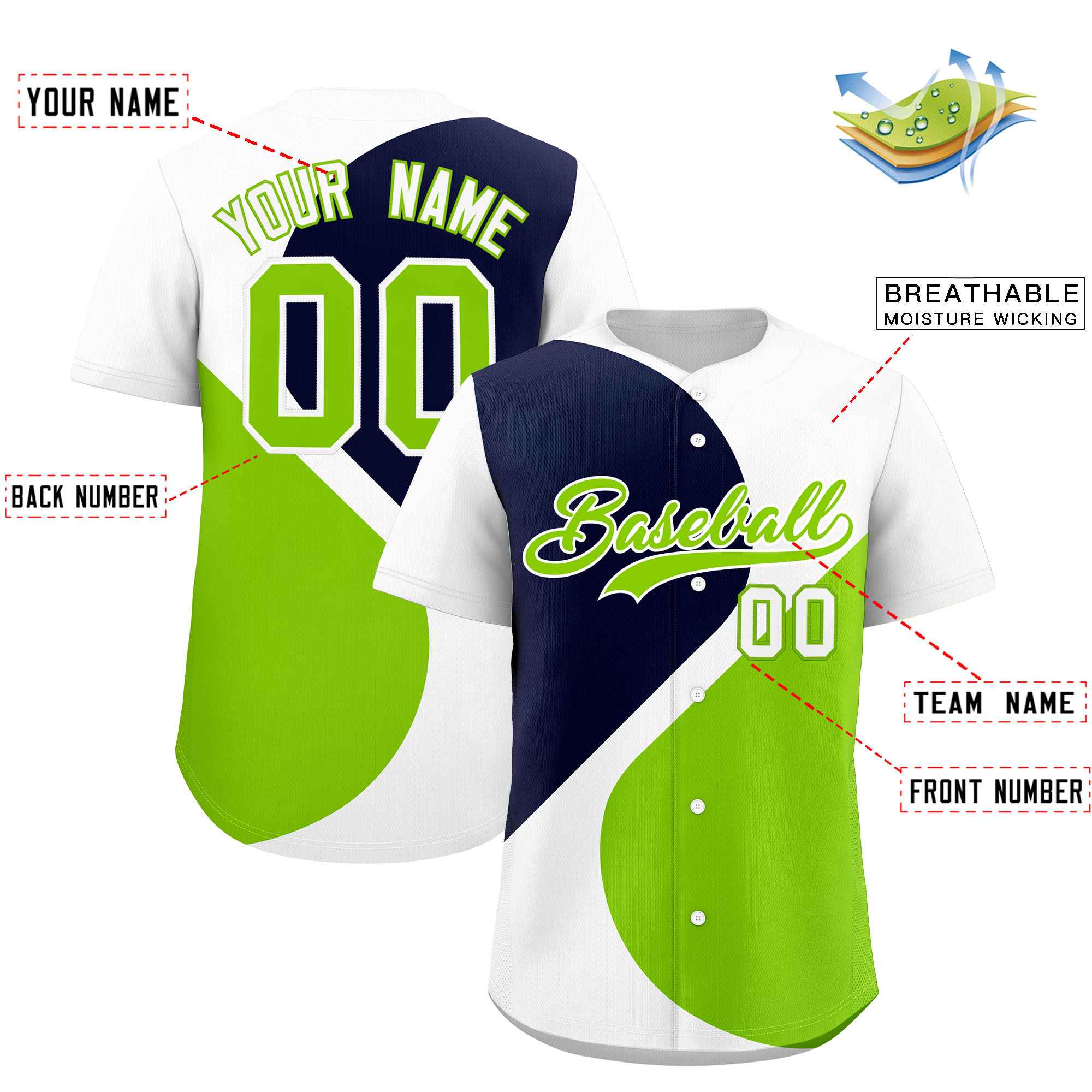 Custom White Navy-Neon Green Color Block Personalized Half Heart Pattern Authentic Baseball Jersey| KXKSHOP