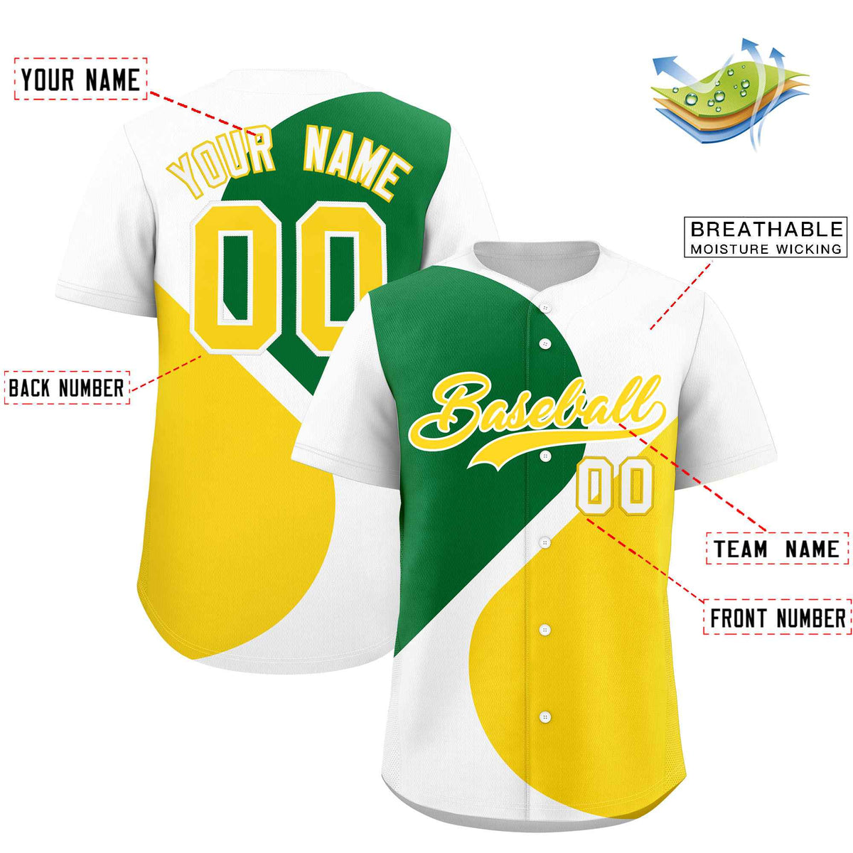Custom White Kelly Green-Gold Color Block Personalized Half Heart Pattern Authentic Baseball Jersey| KXKSHOP