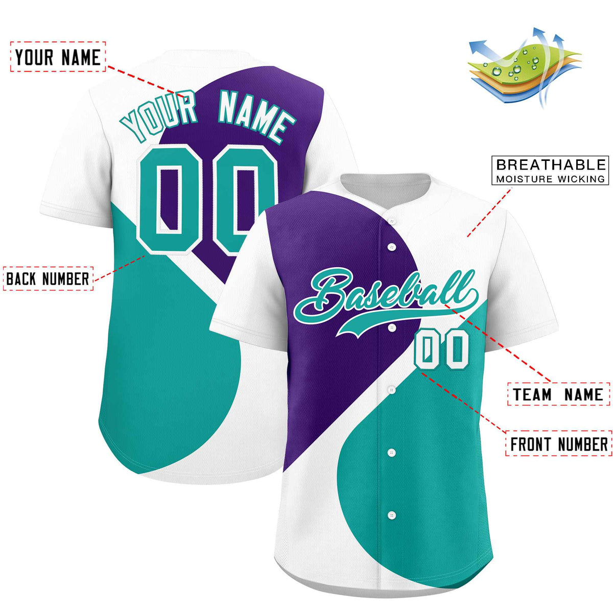 Custom White Purple-Aqua Color Block Personalized Half Heart Pattern Authentic Baseball Jersey| KXKSHOP