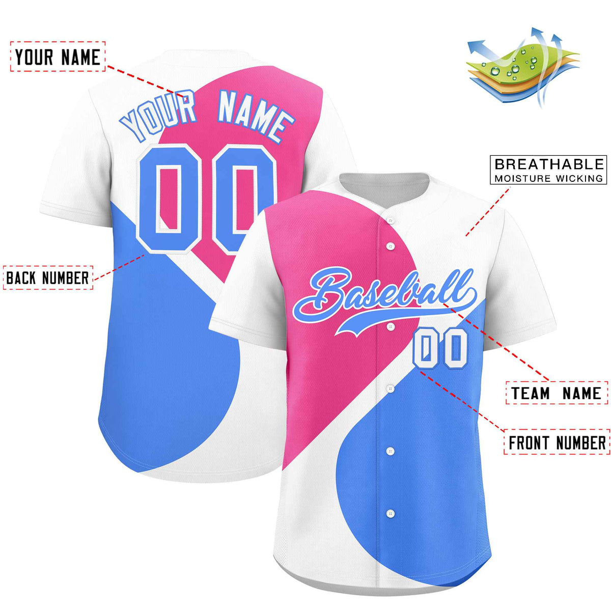Custom White Pink-Powder Blue Color Block Personalized Half Heart Pattern Authentic Baseball Jersey| KXKSHOP