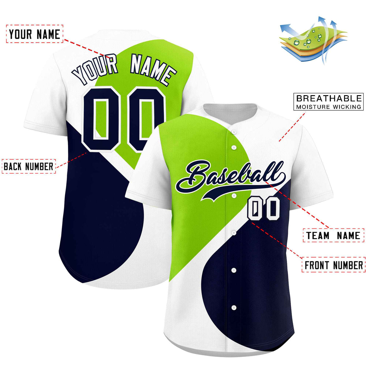 Custom White Neon Green-Navy Color Block Personalized Half Heart Pattern Authentic Baseball Jersey| KXKSHOP