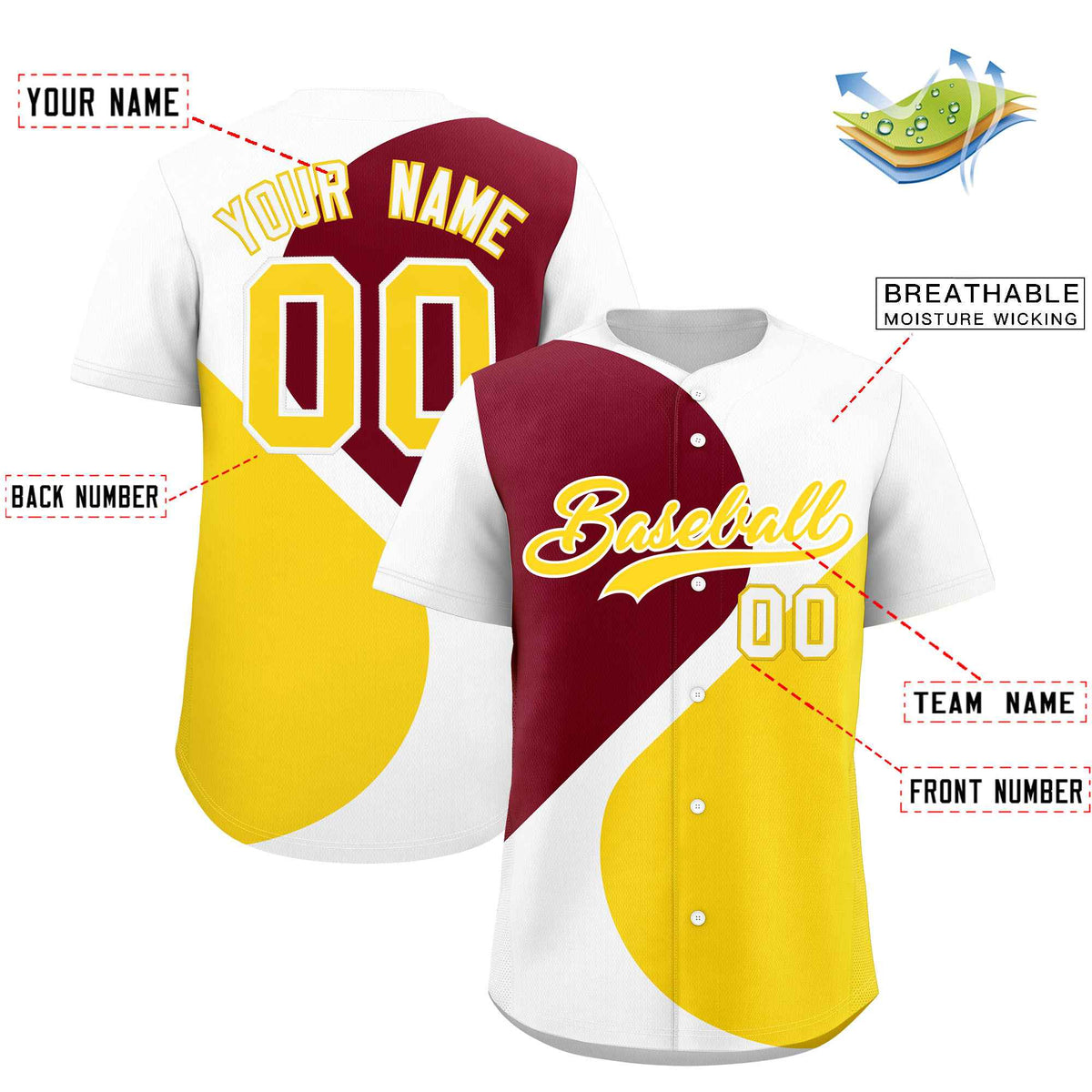 Custom White Crimson-Gold Color Block Personalized Half Heart Pattern Authentic Baseball Jersey| KXKSHOP
