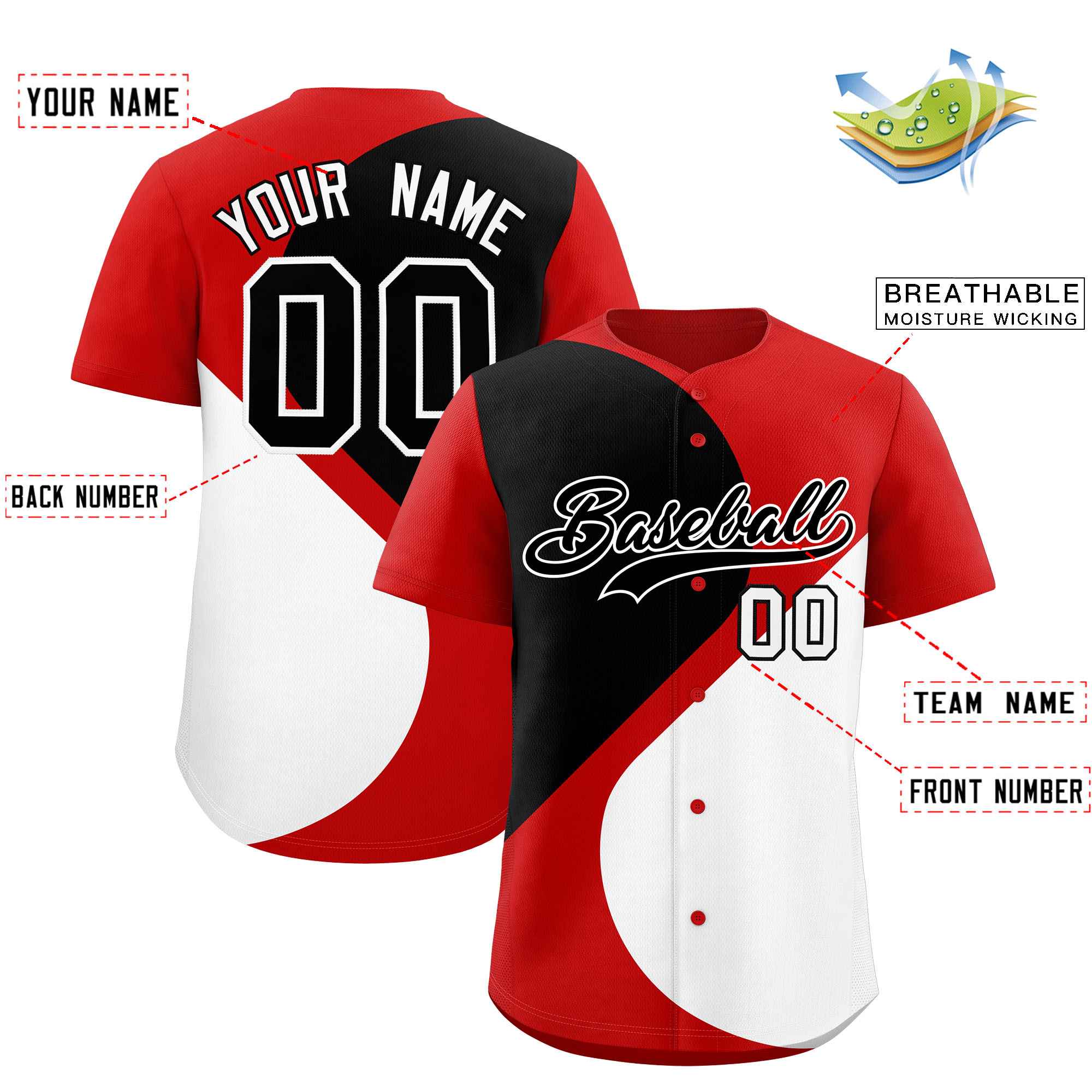 Custom Red Black-White Color Block Personalized Half Heart Pattern Authentic Baseball Jersey| KXKSHOP